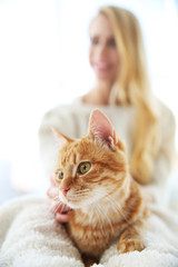 Wall Mural - Attractive woman posing with red cat. Focus on cat