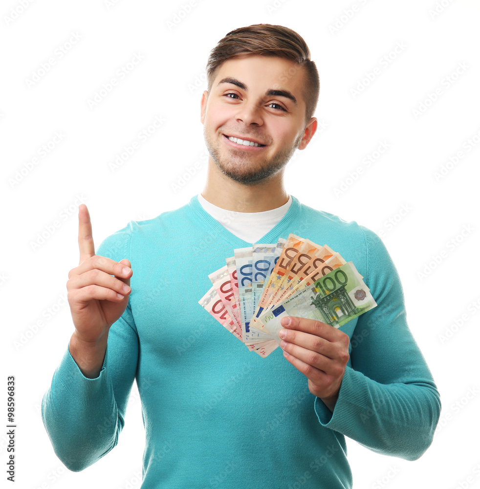 Man holding money isolated on white