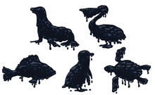 Vector Set Of Animals In An Oil. Image Of Animals Soiled With Black Oil: Seal, Pelican, Fish, Turtle And Penguin On A Light Background. In The Theme Of Ecological Disaster.
