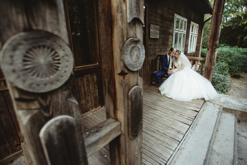 gorgeous stylish happy blonde bride and elegant groom on a backg