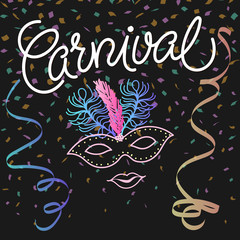 Carnival Festive background with hats, masks, ribbons and more.