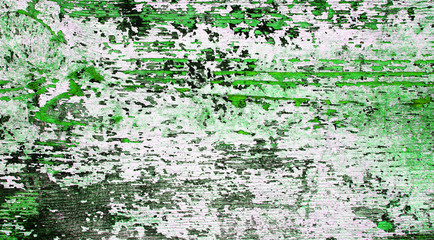 Flaking green paint on white wood, grunge background texture.