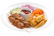 Skewered pork slices, tomato sauce, vegetables: tomatoes, onions, fried potatoes, cucumbers on a white plate on a white background
