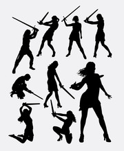 Warrior Girl With Sword Weapon Silhouette. Good Use For Symbol, Logo, Web Icon, Game Element, Mascot, Character, Sign, Or Any Design You Want. Easy To Use.