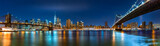 Night panorama with the downtown New York City skyline and the "Two Bridges": Brooklyn Bridge and Manhattan Bridge, viewed from Brooklyn Bridge Park