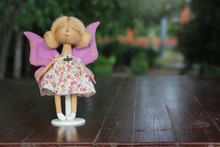 Little Delicate Handmade Textile Doll Girl Butterfly With Closed Eyes White Hair And Purple Wings