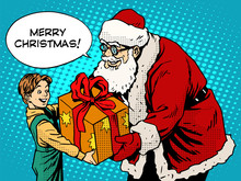 Merry Christmas Santa Claus Gift Gives The Child