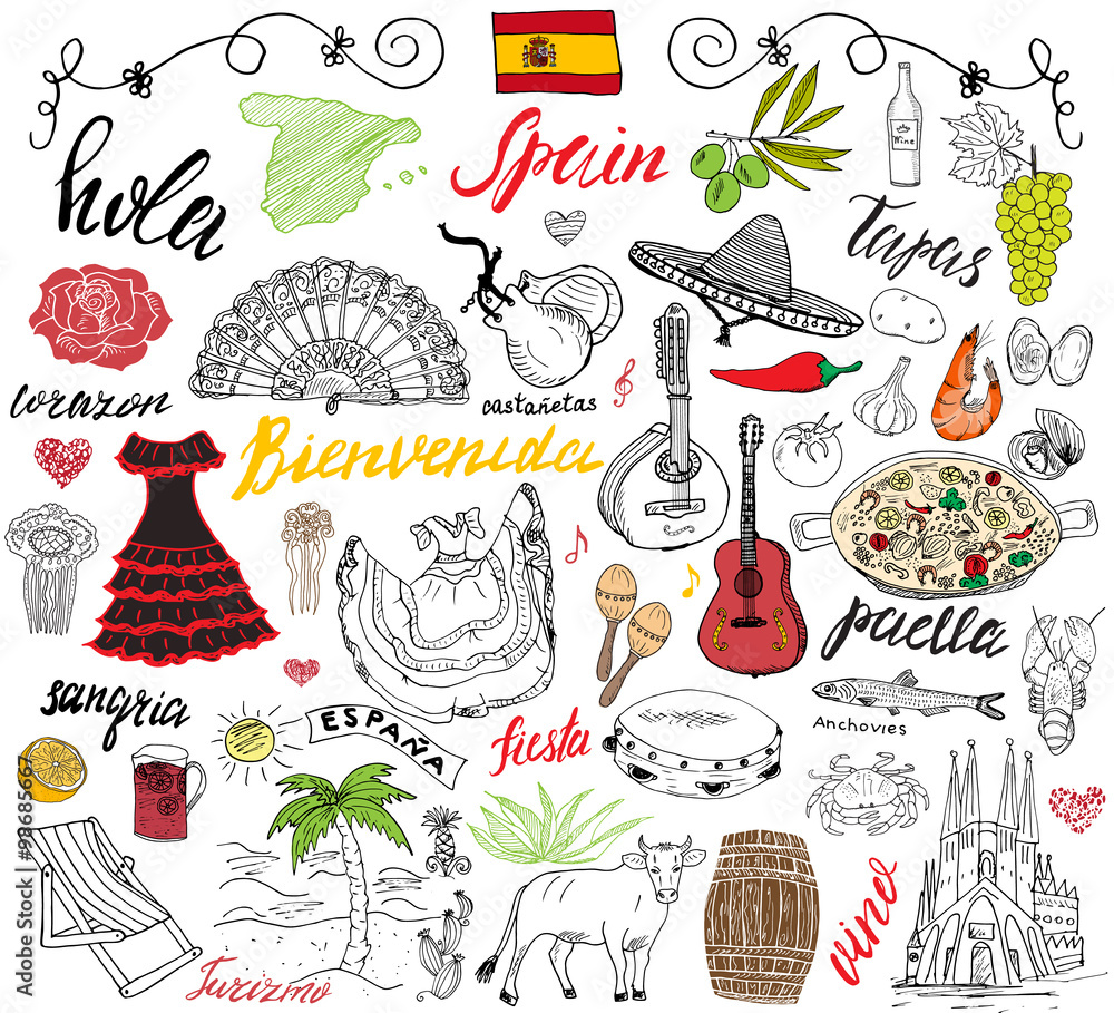 Spain doodles elements. Hand drawn set with spanish food paella, shrimps, olives, grape, fan, wine barel, guitars, music instruments, dresses, bull, rose, flag and map, lettering. doodle set isolated - obrazy, fototapety, plakaty 