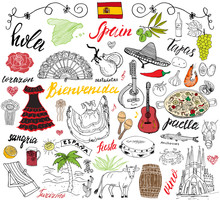 Spain Doodles Elements. Hand Drawn Set With Spanish Food Paella, Shrimps, Olives, Grape, Fan, Wine Barel, Guitars, Music Instruments, Dresses, Bull, Rose, Flag And Map, Lettering. Doodle Set Isolated