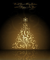 Wall Mural - We wish you a Merry Christmas and a Happy New Year card with gold christmas tree, vector