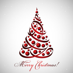 Wall Mural - Merry Christmas card with beautiful tree of ribbons and baubles, vector