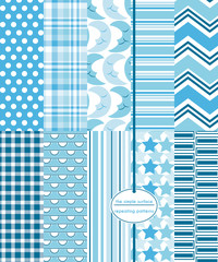 Sticker - Moon and stars seamless pattern set. Repeating patterns for digital paper, gift wrap, scrapbooking, fabric and more. Blue moon, star, polka dot, plaid, stripe, chevron, gingham geometric prints.
