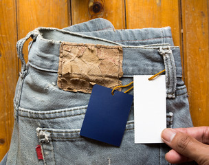 jeans,Back of blue jeans with leather label