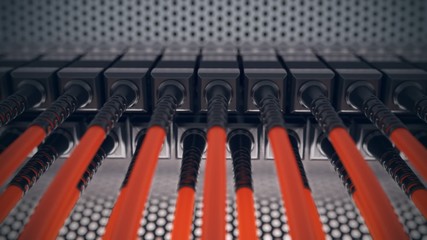 Endless array of red optic cables connected to the router ports. Loopable. HD