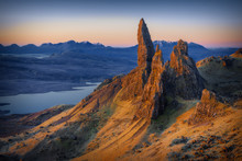 First Light At Sunrise Over Old Man Of Storr, Isle Of Skye, Scotland, UK, On A Cold Morning