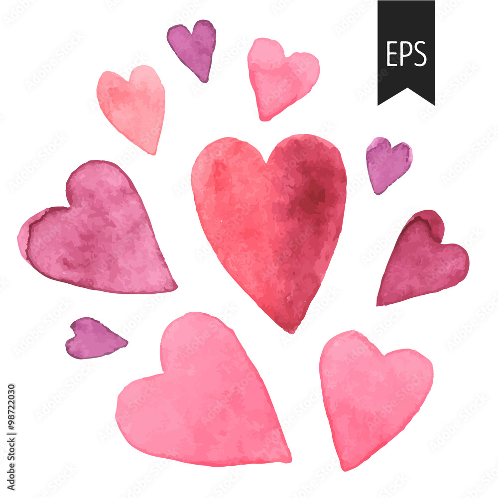 Set of pink watercolor hearts. Stock Vector | Adobe Stock