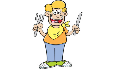 Cartoon illustration of a hungry boy holding a knife and fork.