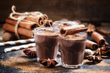 Fototapeta  - Hot liquid chocolate with warming winter spices, cinnamon, anise