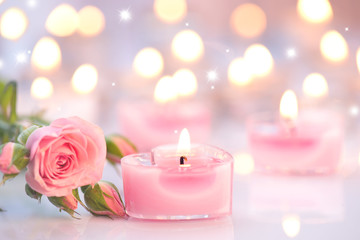 Canvas Print - Valentine's day. Pink heart shaped candles and rose flowers