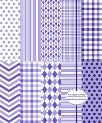 Wall Mural - Violet seamless pattern set. Purple and lavender repeating patterns for backgrounds, borders, gift wrap and more. Polka dot, stripe, diamond, plaid, chevron and argyle prints.