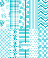 Wall Mural - Ice blue snowflake seamless pattern set. Repeating patterns for gift wrap, holiday cards, invitations, backgrounds, and more. Snowflake, plaid, bubble, stripe, chevron, diamond and polka dot prints.