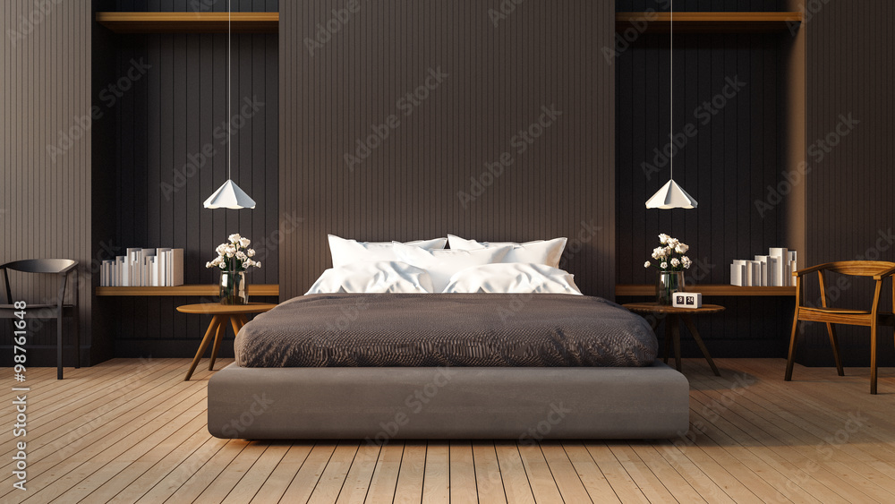 Loft and modern bedroom / 3D render image - obrazy, fototapety, plakaty 