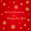 © Natalia Iachimova - Merry Christmas and Happy New Year text label on a red background with snow and snowflakes