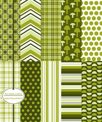Wall Mural - Mushroom seamless pattern set. Repeating patterns for gift wrap, backgrounds, fabric, scrapbooking and more. Abstract, chevron, plaid, mushroom, polka dot, and stripe prints. Olive, hunter green.