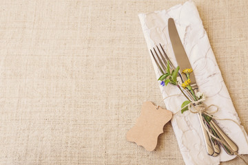 Wall Mural - Flower table setting copy space background, toning, selective fo