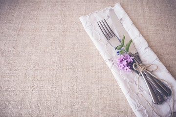 Wall Mural - Flower table setting copy space background, toning, selective fo
