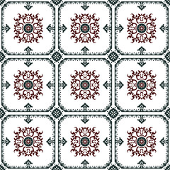 Wall Mural - Seamless background image of vintage green round frame red spiral flower pattern tile.
