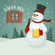 Snowman With Beer Mug. Vector Christmas Poster With Snowman Holding Craft Beer Bottle And Happy New Beer Label. Vintage Winter Card