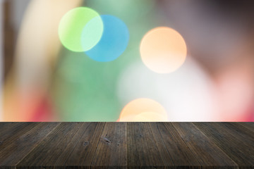 Wood terrace and Blurred of Abstract bokeh background of Christm