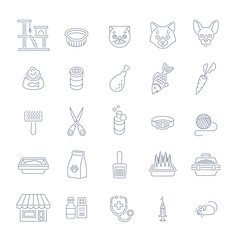 Wall Mural - Cat care pet shop flat thin line vector icons. Simple linear conceptual symbols of pets food, toys, accessories for domestic animals. Infographics design elements