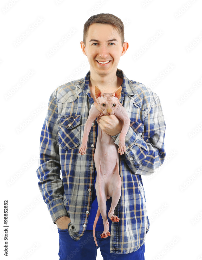 Young handsome man holding a cat, isolated on white