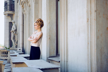 Portrait of Beautiful Blond Woman with Long Hair and Clean Skin. Brigitte Bardot look