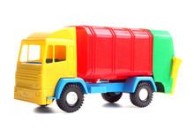 Vivid Toy Garbage Truck From Plastic Isolated On White Background