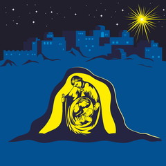 Nativity scene. Christmas. Mary, Joseph and small Jesus. Night Bethlehem