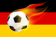 Realistic flying soccer ball / football with hot flames on German flag background. Vector illustration.