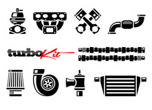 Vehicle Turbo Kit Performance Car Parts Icons Set. Vector Illustration.