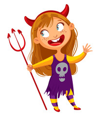 Wall Mural - Girl dressed up as a devil. Happy Halloween. Funny cartoon character. Vector illustration. Isolated on white background