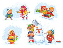 Playing Outdoor. Children Sledding. Boy And Girl Playing In Snowballs. Schoolchildren Making The Snowman. Girl Trying To Catch Snowflakes With Her Tongue. Funny Cartoon Character. Vector Illustration.