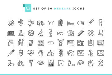 Set of 50 medical icons, thin line style