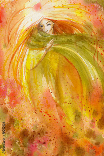 Naklejka dekoracyjna Abstract watercolor illustration depicting a portrait of a woman-autumn