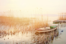 Beautiful Sunset On Lake Balaton With Deserted Rowboat