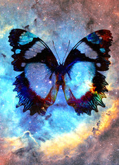 Aufkleber - illustration of a butterfly in cosmic space. mixed media, abstract color background.