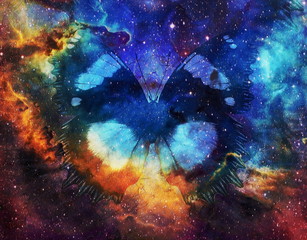 Aufkleber - illustration of a butterfly in cosmic space. mixed media, abstract color background.