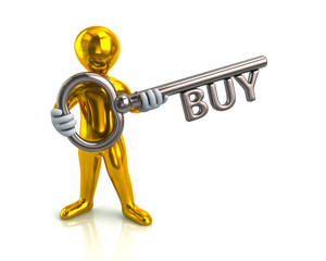 Wall Mural - Golden man and silver key with word buy