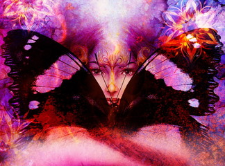 Poster - Beautiful Painting Goddess Woman with bird phoenix on your face with ornamental mandala and butterfly wings and color abstract background  and eye contact.