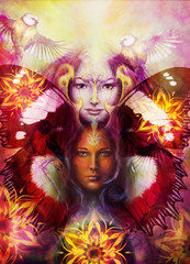Poster - Beautiful Painting Goddess Woman with bird phoenix on your face with ornamental mandala and butterfly wings and color abstract background  and eye contact.